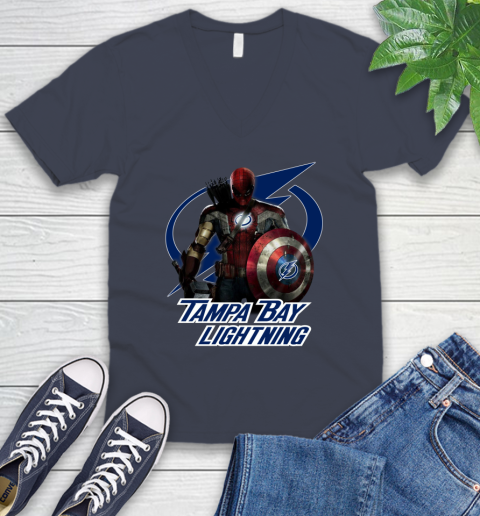 NHL Captain America Thor Spider Man Hawkeye Avengers Endgame Hockey Tampa Bay Lightning V-Neck T-Shirt nhl captain america thor spider man hawkeye avengers endgame hockey tampa bay lightning v neck t shirt 1885 tzpsm