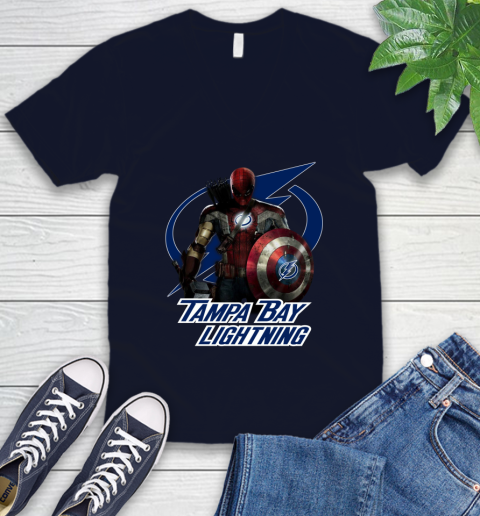 NHL Captain America Thor Spider Man Hawkeye Avengers Endgame Hockey Tampa Bay Lightning V-Neck T-Shirt nhl captain america thor spider man hawkeye avengers endgame hockey tampa bay lightning v neck t shirt 8383 d0qhy