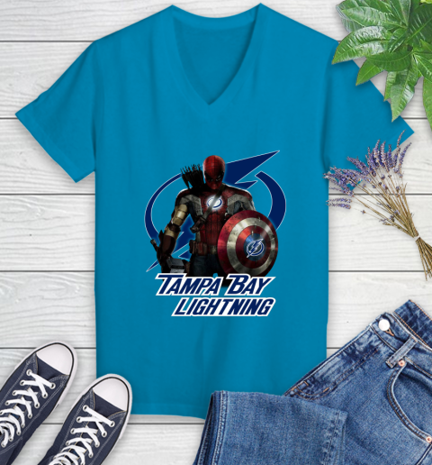 NHL Captain America Thor Spider Man Hawkeye Avengers Endgame Hockey Tampa Bay Lightning Women's V-Neck T-Shirt nhl captain america thor spider man hawkeye avengers endgame hockey tampa bay lightning womens v neck t shirt 1490 7y2qh