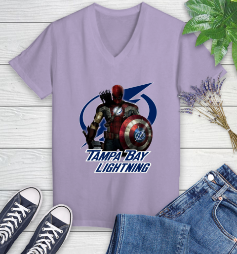NHL Captain America Thor Spider Man Hawkeye Avengers Endgame Hockey Tampa Bay Lightning Women's V-Neck T-Shirt nhl captain america thor spider man hawkeye avengers endgame hockey tampa bay lightning womens v neck t shirt 1935 evbog