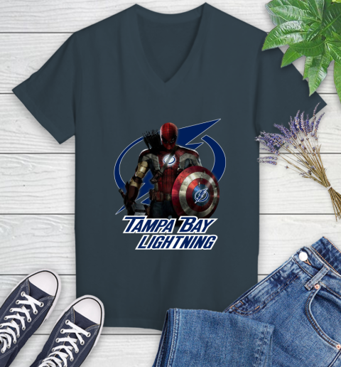 NHL Captain America Thor Spider Man Hawkeye Avengers Endgame Hockey Tampa Bay Lightning Women's V-Neck T-Shirt nhl captain america thor spider man hawkeye avengers endgame hockey tampa bay lightning womens v neck t shirt 1999 skgga
