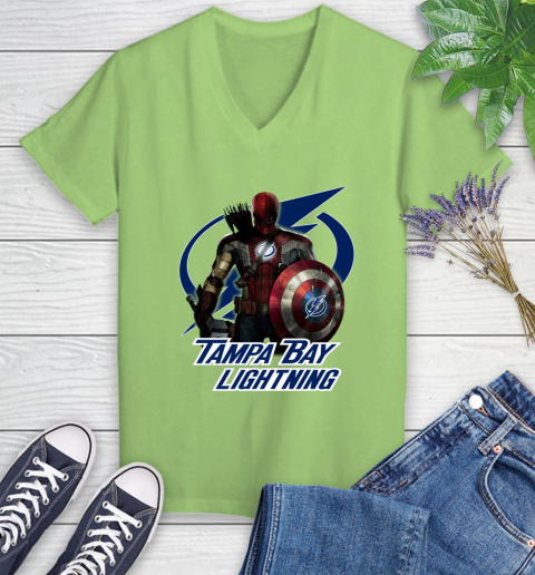NHL Captain America Thor Spider Man Hawkeye Avengers Endgame Hockey Tampa Bay Lightning Women's V-Neck T-Shirt nhl captain america thor spider man hawkeye avengers endgame hockey tampa bay lightning womens v neck t shirt 2977 cmnff