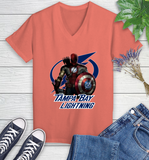 NHL Captain America Thor Spider Man Hawkeye Avengers Endgame Hockey Tampa Bay Lightning Women's V-Neck T-Shirt nhl captain america thor spider man hawkeye avengers endgame hockey tampa bay lightning womens v neck t shirt 3752 miy8d