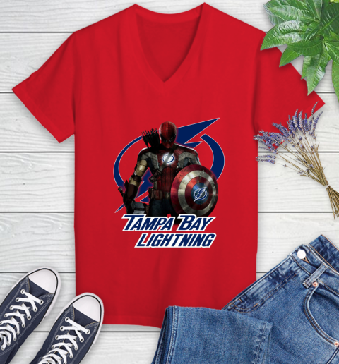 NHL Captain America Thor Spider Man Hawkeye Avengers Endgame Hockey Tampa Bay Lightning Women's V-Neck T-Shirt nhl captain america thor spider man hawkeye avengers endgame hockey tampa bay lightning womens v neck t shirt 5210