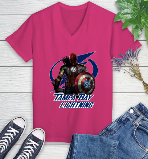 NHL Captain America Thor Spider Man Hawkeye Avengers Endgame Hockey Tampa Bay Lightning Women's V-Neck T-Shirt nhl captain america thor spider man hawkeye avengers endgame hockey tampa bay lightning womens v neck t shirt 7449 kihz9