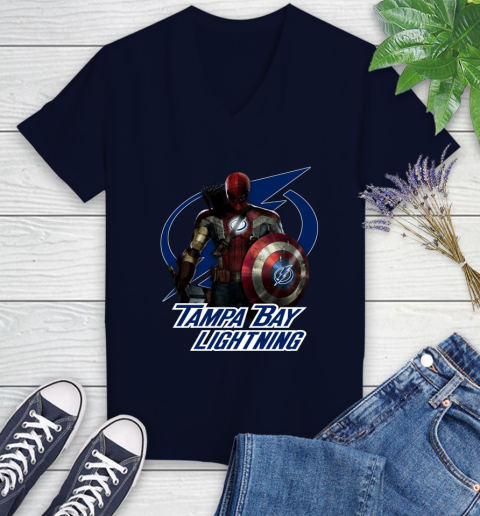 NHL Captain America Thor Spider Man Hawkeye Avengers Endgame Hockey Tampa Bay Lightning Women's V-Neck T-Shirt nhl captain america thor spider man hawkeye avengers endgame hockey tampa bay lightning womens v neck t shirt 7573 hv1vl