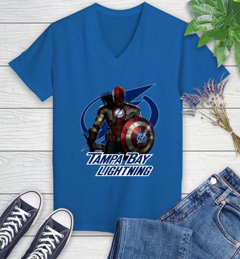 NHL Captain America Thor Spider Man Hawkeye Avengers Endgame Hockey Tampa Bay Lightning Women's V-Neck T-Shirt nhl captain america thor spider man hawkeye avengers endgame hockey tampa bay lightning womens v neck t shirt 9301