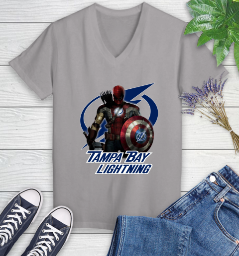 NHL Captain America Thor Spider Man Hawkeye Avengers Endgame Hockey Tampa Bay Lightning Women's V-Neck T-Shirt nhl captain america thor spider man hawkeye avengers endgame hockey tampa bay lightning womens v neck t shirt 9664 y8ypg